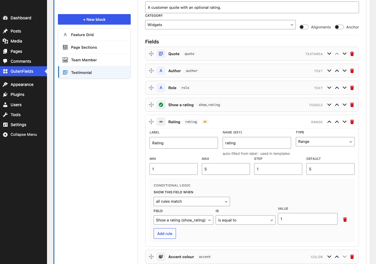 The GutenFields field builder in wp-admin: a Testimonial block with quote, author, role, a rating toggle, and a range field whose conditional-logic rule shows it only when the rating toggle is on.