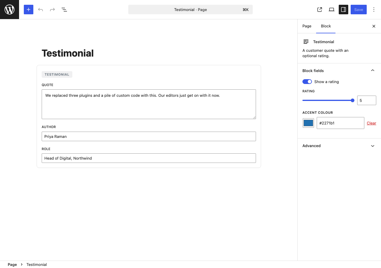 A Testimonial block being edited in the WordPress post editor, with generated Quote, Author and Role fields and a rating toggle plus range in the block sidebar.