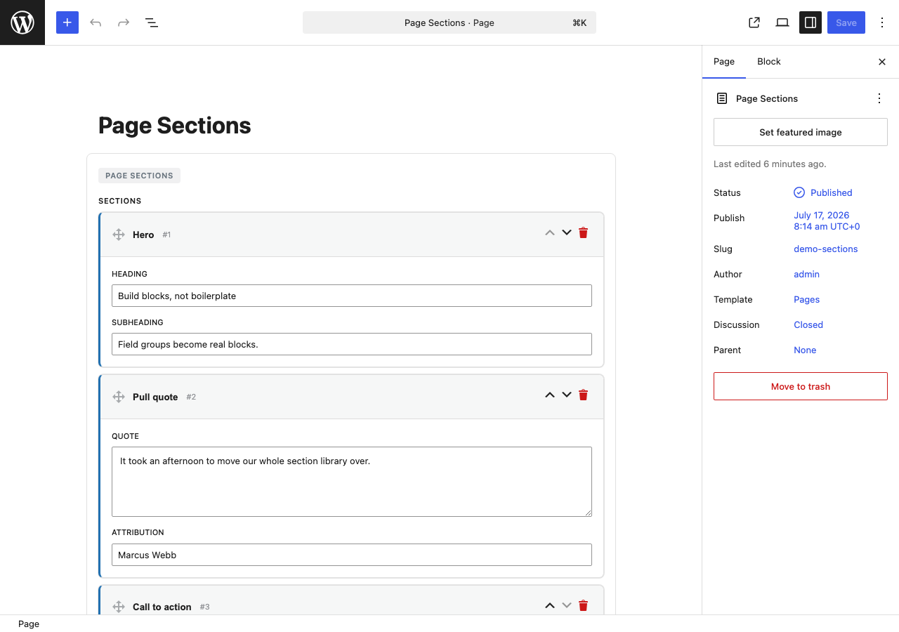 A Page Sections block using flexible content: a Hero row, a Pull quote row and a Call to action row, each a different named layout with its own subfields.