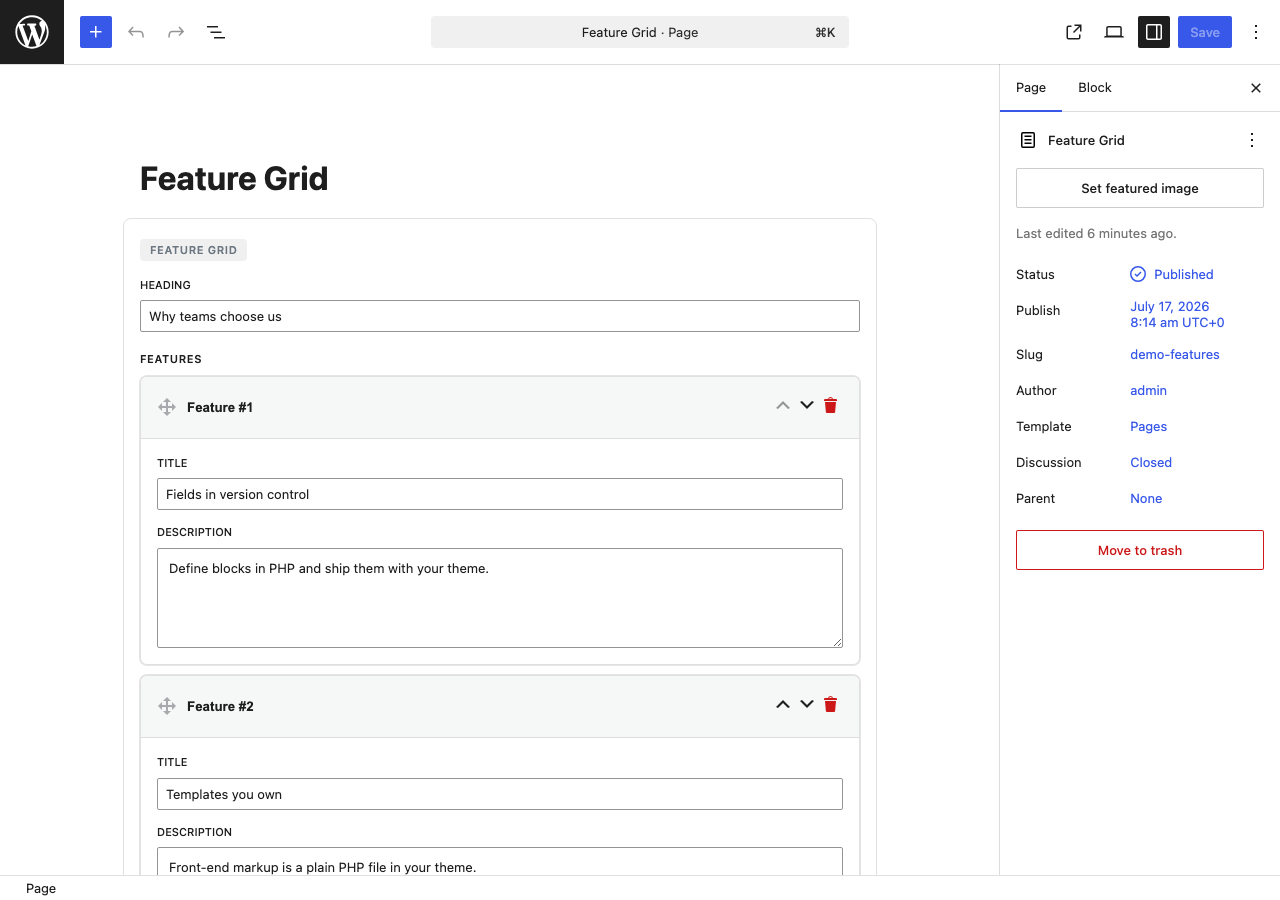 A Feature Grid block with a repeater: two feature rows, each with a title and description, and up/down/delete controls per row.
